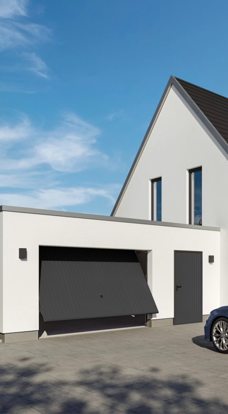 Schwingtor Moderne Hausfassade mit Garagentor, Tür und blauer Himmel.